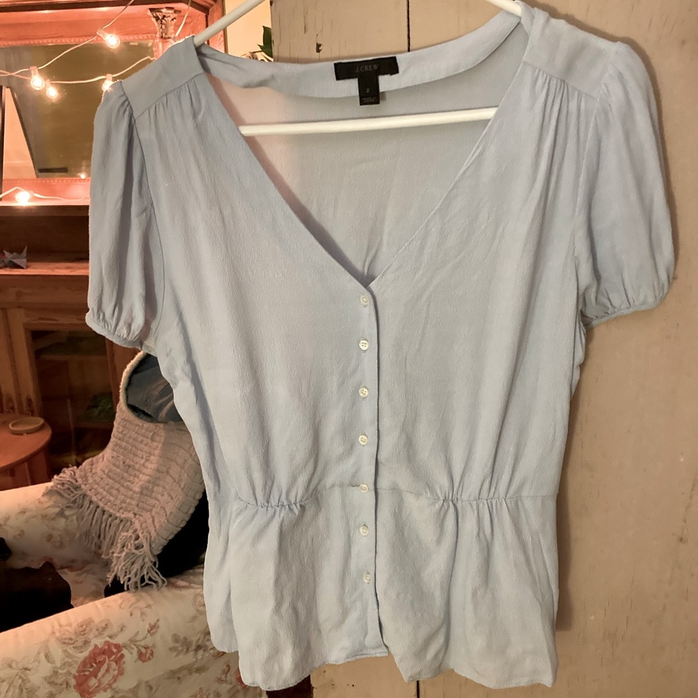 J Crew Baby Blue Peplum Top Puff Sleeves